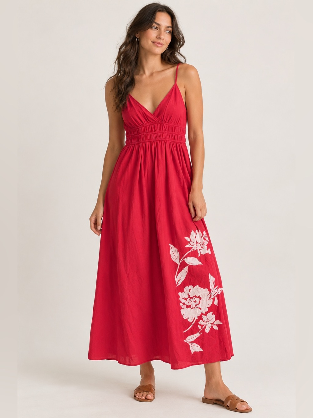 Japna Red Floral Smocked Maxi Dress | Size XL